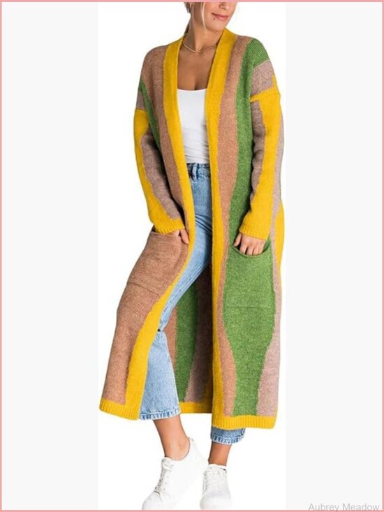 Sweaters - Open Front Color Block Long Cardigan Sweater Coat Casual Vertical Striped